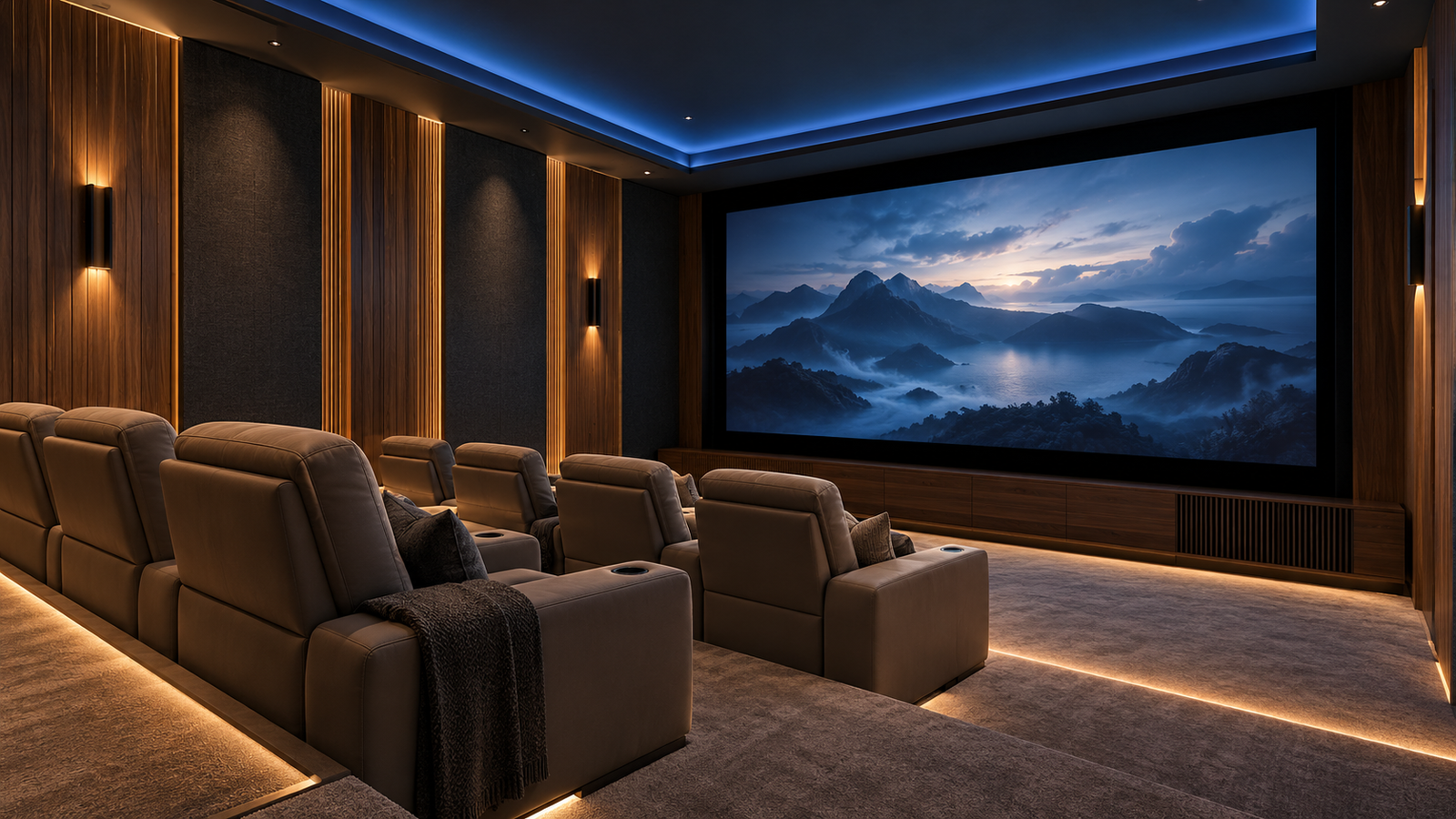 Concept private cinema with acoustic wall panels and cinema seating