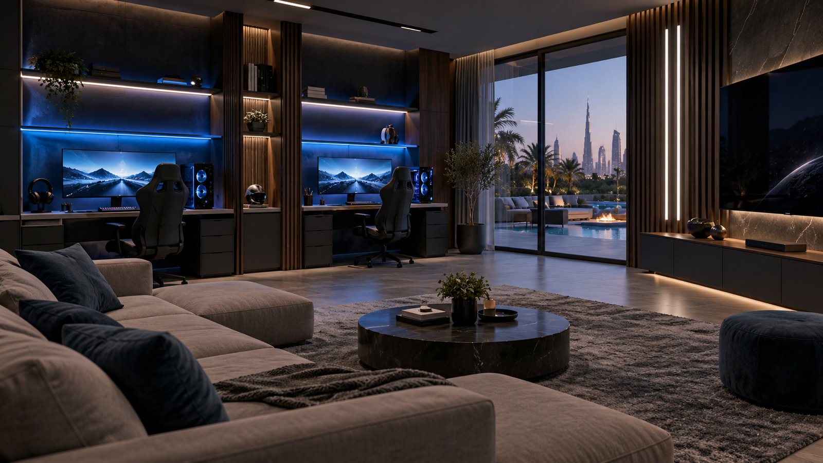 Concept gaming room with dual gaming stations and blue ambient lighting