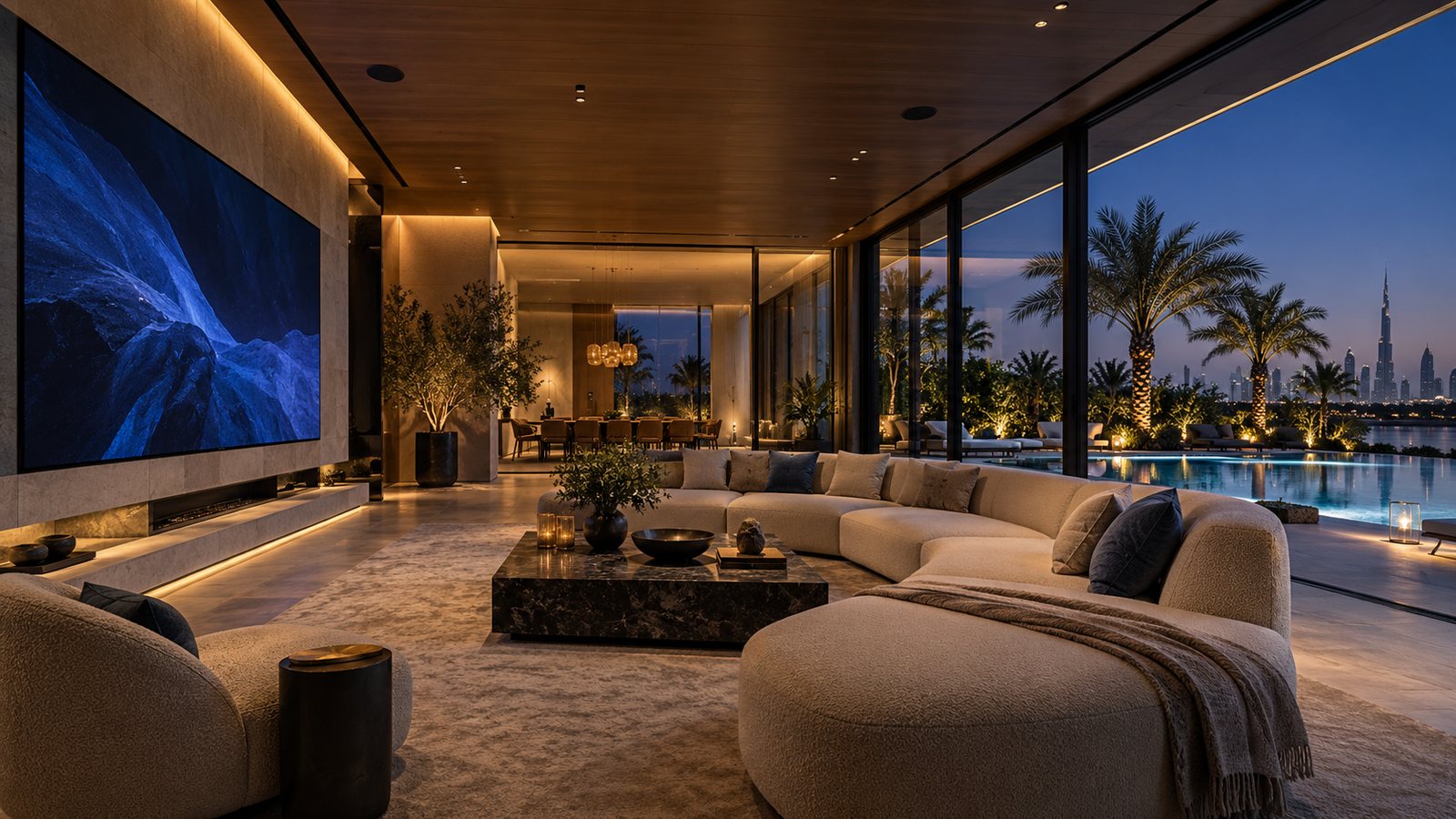 Illustrative contemporary villa living room overlooking a pool